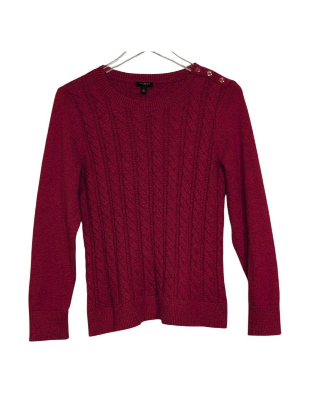 Talbots Cable Knit Sweater Womens Petite Size Large Red Button Shoulder Crewneck